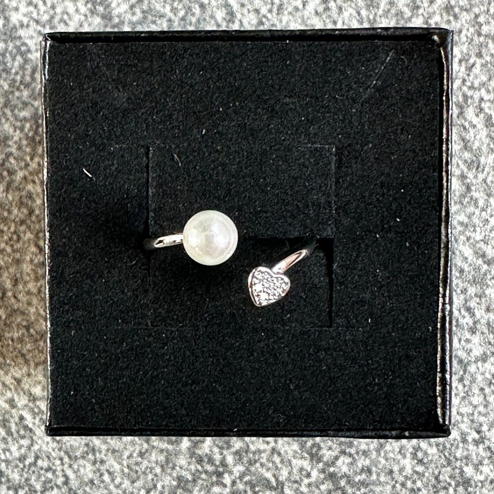 NWB Pearl & Pave Heart Open Silver Ring Adjustable Dainty Minimalist Jewelry